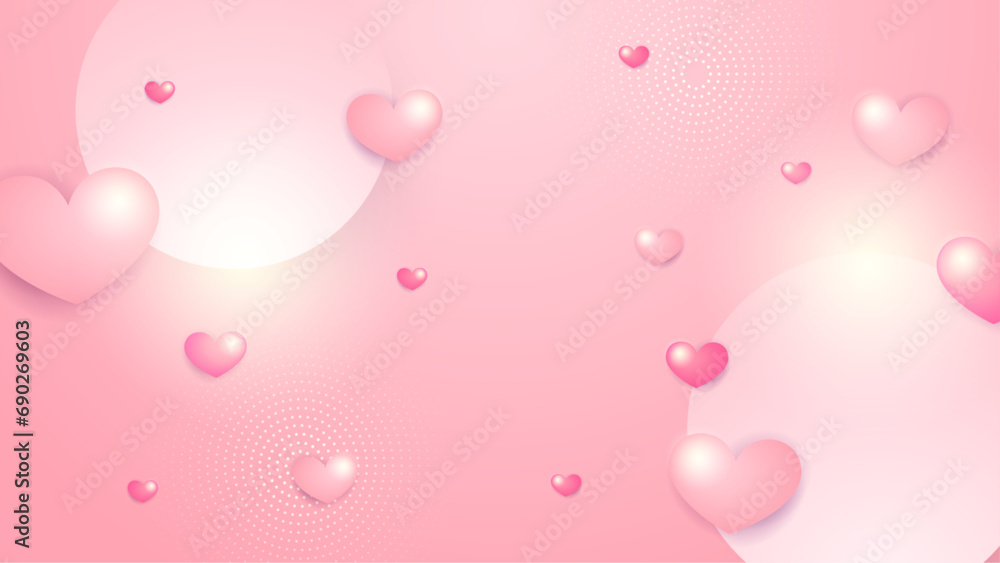 Pink vector love background with realistic hearts. Valentine vector illustration for greeting card, banner, gift, template, sale banner, poster, flyer and web