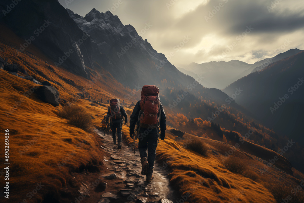 cinematic shot of hikers ascending a mountain trail, symbolizing the adventure and fitness associated with hiking, photo, minimalistic cinematic style