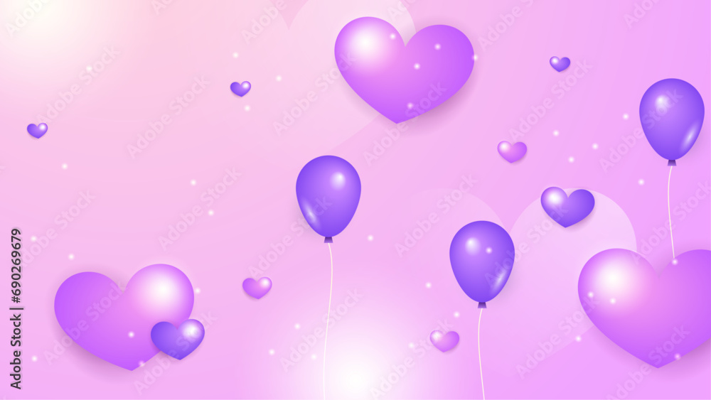 Purple violet vector happy love background with 3d hearts. Valentine vector illustration for greeting card, banner, gift, template, sale banner, poster, flyer and web