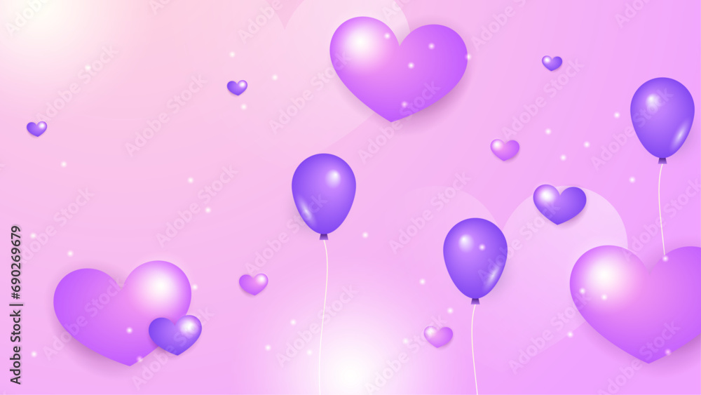 Purple violet vector happy love background with 3d hearts. Valentine vector illustration for greeting card, banner, gift, template, sale banner, poster, flyer and web Purple violet vector happy love background with 3d hearts. Valentine vector illustration for greeting card, banner, gift, template, sale banner, poster, flyer and web