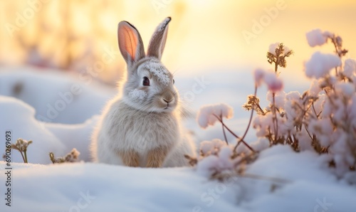 snow hare in the field covered with fresh snow, with some winter wildflowers