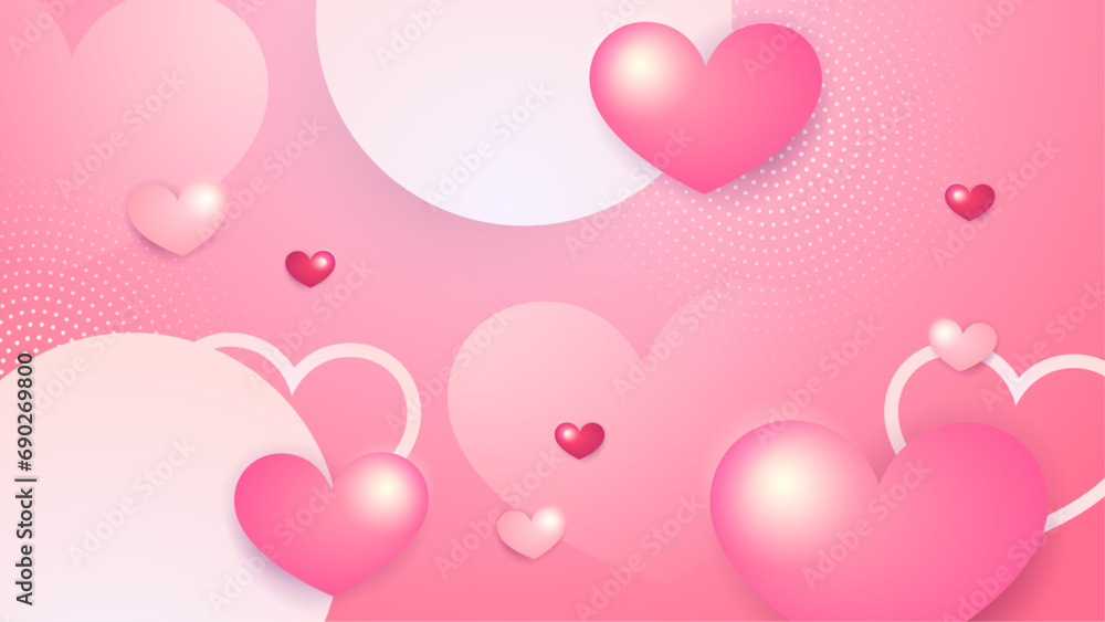 Pink vector happy love background with 3d hearts. Valentine vector illustration for greeting card, banner, gift, template, sale banner, poster, flyer and web