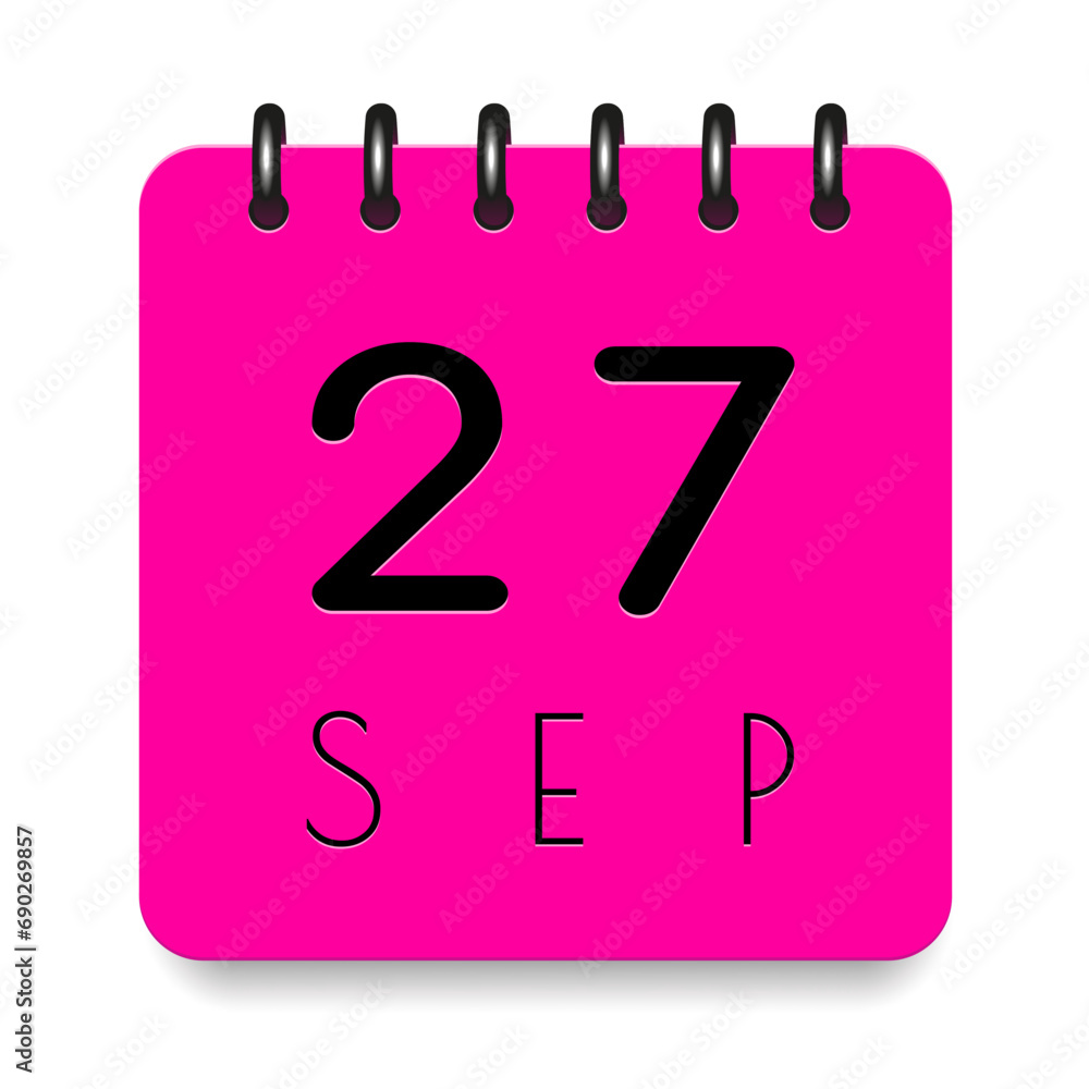 27 day of the month. September. Pink calendar daily icon. Black letters. Date day week Sunday, Monday, Tuesday, Wednesday, Thursday, Friday, Saturday. Cut paper. White background. Vector illustration. 27 day of the month. September. Pink calendar daily icon. Black letters. Date day week Sunday, Monday, Tuesday, Wednesday, Thursday, Friday, Saturday. Cut paper. White background. Vector illustration.