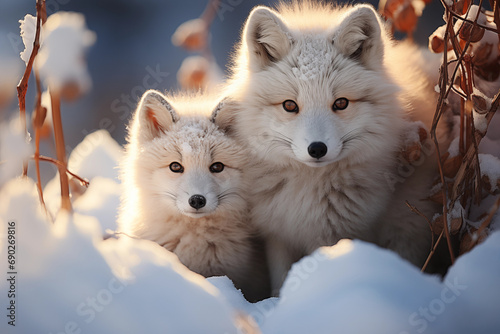 captivating photo of Arctic foxes exploring the winter landscape, highlighting the innocence and charm of these furry creatures, luminous and dreamlike style photo