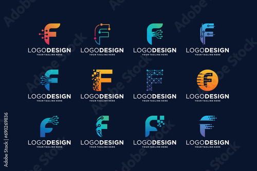 Collection of letter F logo design with digital connection concept