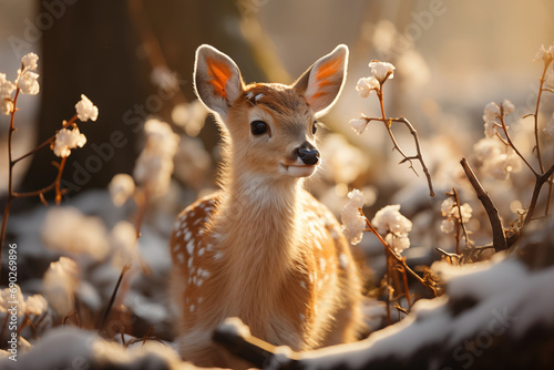 ethereal photo of a fawn frolicking in the winter forest, conveying innocence and charm in a luminous and dreamlike style, photo