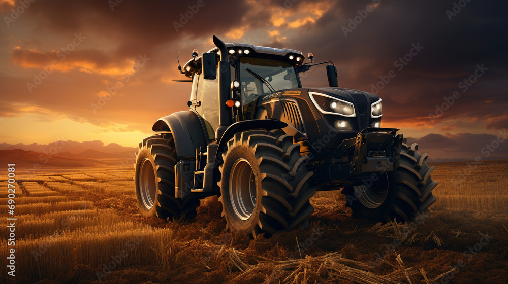 A Tractor Pulling A Grey Planter On A Empty Field on Blurry Background A Tractor Pulling A Grey Planter On A Empty Field on Blurry Background