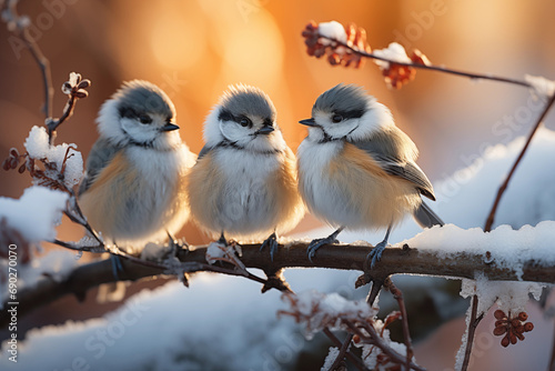 ethereal scene of chickadees perched on snowy branches, creating a magical winter choir that embodies innocence and charm, luminous and dreamlike style photo