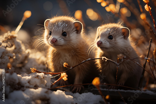 dreamlike photo of ferrets exploring a winter wonderland, radiating innocence and charm in a luminous and dreamlike style, photo