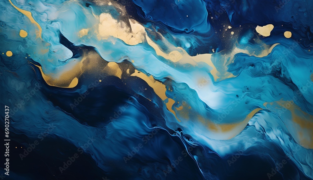 Marbled blue and golden abstract background. Liquid marble ink pattern. abstract background with blue, yellow and white paint mixing in water