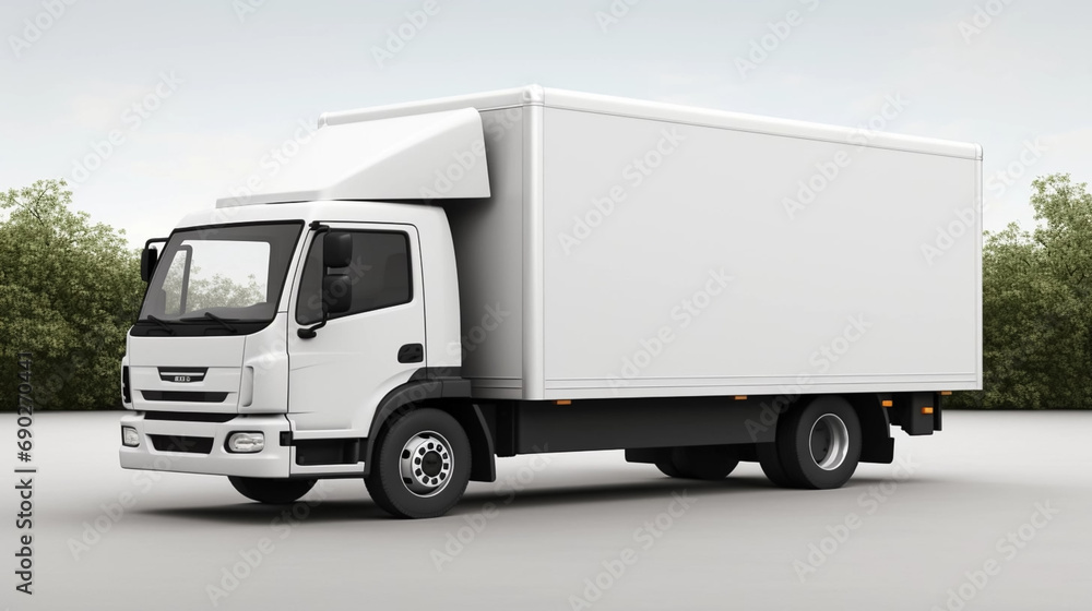 copy space, stockphoto,white delivery truck side view cargo truck advertising. Side view of a big white truck standing in the street. Copy space available. Template for transportation company. Transpo