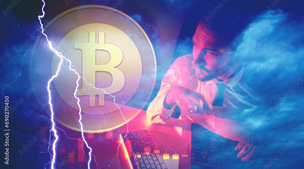 Obraz premium Cryptocurrency trading. The cryptocurrency market. A man carries out transactions with bitcoins. Buying and selling bitcoins. Broker on the background of the bitcoin symbol.