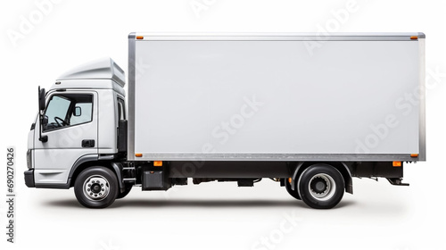 copy space, stockphoto,white delivery truck side view cargo truck advertising. Side view of a big white truck with an even light background. Copy space available. Template for transportation company.  © Dirk