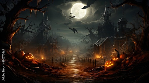 Happy Halloween Graveyard In The Spooky Night and church  Night full moon bats on the tree  Halloween pumpkin.