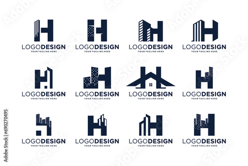 Collection of initial letter H with real estate symbol. Building logo design collection.