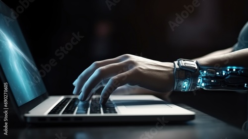 Modern robotic hand pressing a laptop keyboard for technological advances and machine learning concept. Generative AI