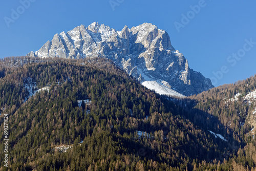 Sesto Dolomites, snow covered peaks in late winter, mountains of the Alps, South Tyrol, Italy, Europe