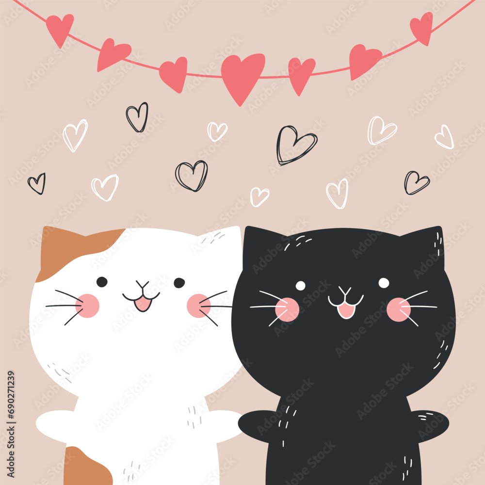 Fototapeta premium Two cute hand drawn cats holding each other paws under the garland of hearts. Valentines Day. Vector illustration