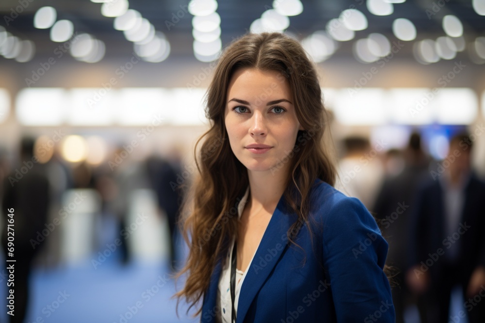 Fototapeta premium A Woman in a Blue Jacket Standing in a Room
