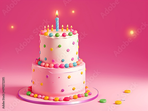 Birthday cake with bright birthday candles, sprinkles, and white drip icing. ai generated