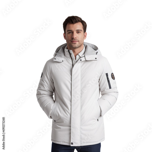 Professional photo of a boy in white winter long jacket, photoshoot for ad, isolated on white background, or without background - Generative AI