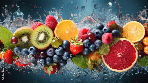 fruit in splash, trend of drink and beverages, healthy mixed vegetable fruit. background for banner. splashing design 