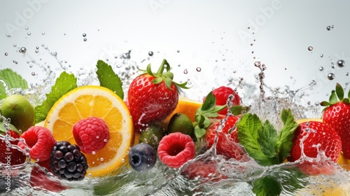 fruit in splash  trend of drink and beverages  healthy mixed vegetable fruit. background for banner. splashing design 
