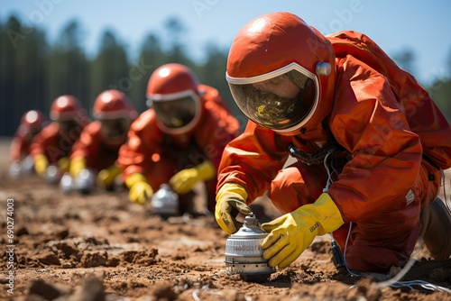 Sappers in orange suits study carefully on mock-ups photo