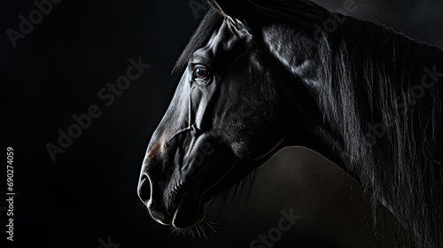 Portrait of a beautiful black stallion on a black background photo