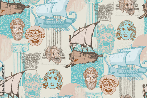 Antique ships and masks.  Seamless pattern. Vector illustration. Suitable for fabric, mural, wallpapers, wrapping paper and the like photo