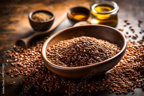 Flax seeds in a bowl, with oil in the background