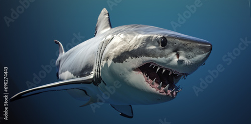 Ocean shark bottom view from below. Open toothy dangerous mouth with many teeth. Underwater blue sea waves clear water shark swims