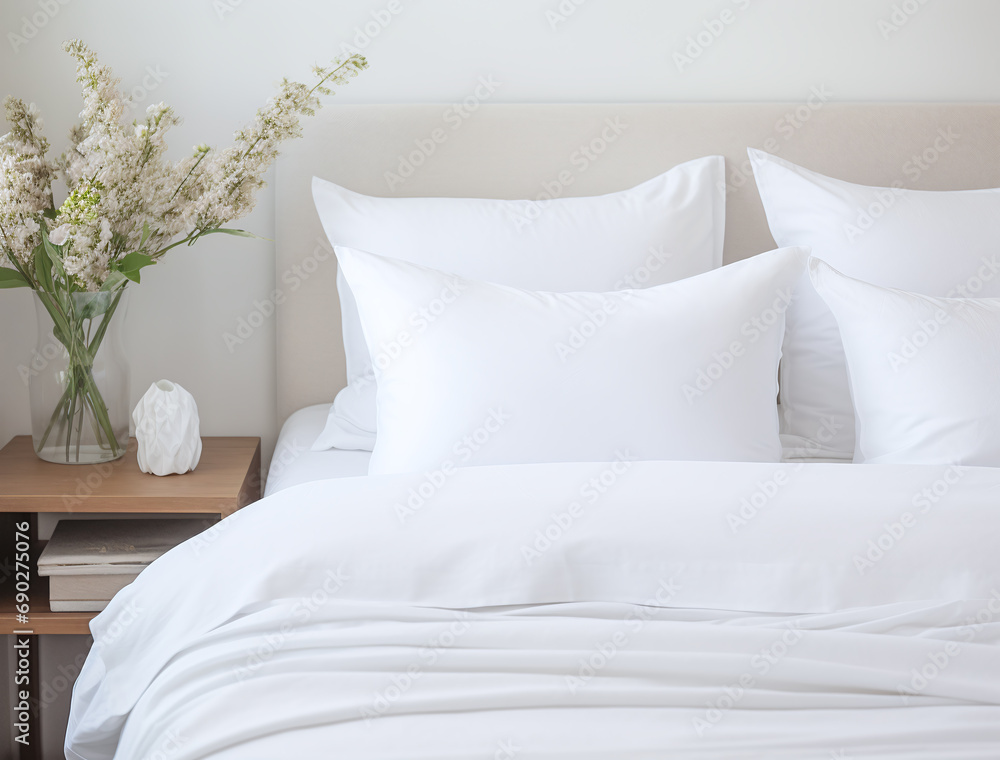 Closeup on a bed with white pillows near a glass vase with a beautiful bouquet of flowers Closeup on a bed with white pillows near a glass vase with a beautiful bouquet of flowers