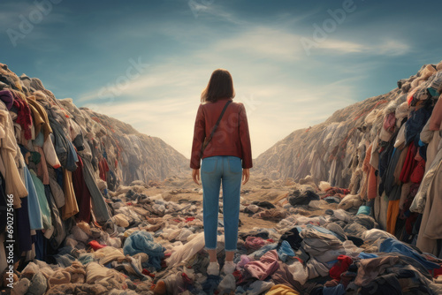 A girl in a landfill near huge piles of unwanted clothes. The problem of overproduction, irrational consumption and environmental pollution. photo