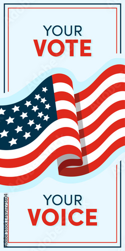 American election voting vector banner or poster. Political election campaign. Rock the vote, go vote, your vote your voice. Red white and blue American flag flyer or sign design. Ballot box vote.
