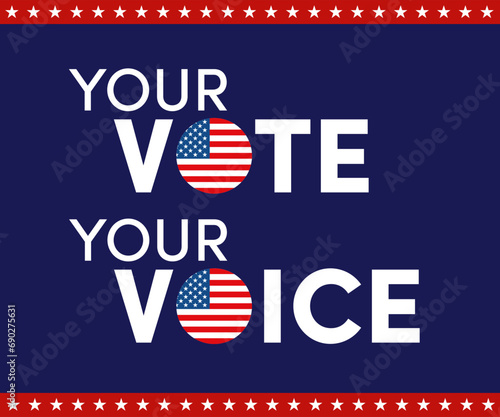 American election voting vector banner or poster. Political election campaign. Rock the vote, go vote, your vote your voice. Red white and blue American flag flyer or sign design. Ballot box vote.