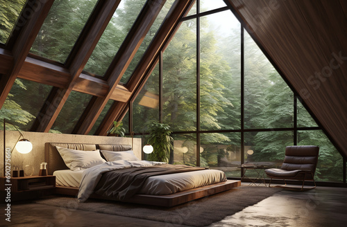 Cozy cabin bedroom interior with big windows © daniy