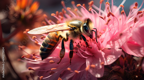 Bee collecting pollen from a flower, Generative AI., Honey bee on a flower, A bee collecting nectar from a blooming flower, a bee on a flower, Bee Collecting Pollen - Macro Shot - Nature's Engineer    © Micro