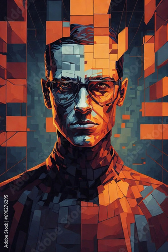 Futuristic portrait of a man with squared painted face