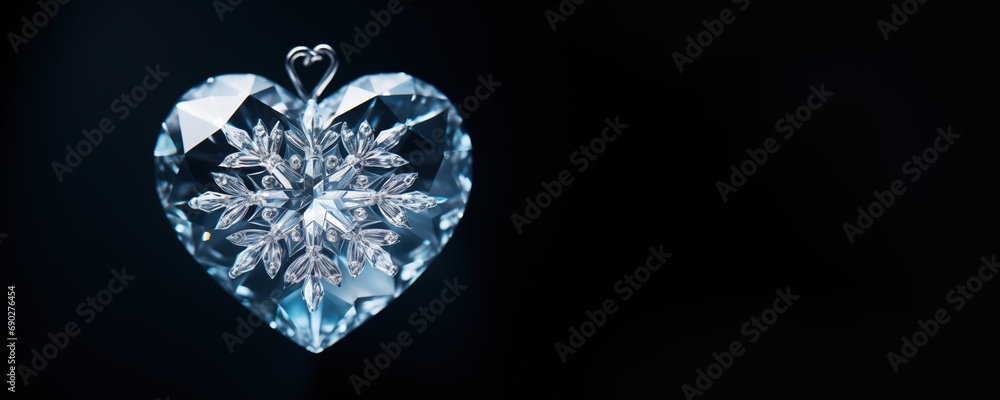 A crystal heart with intricate snowflake design against a dark background, exuding luxury and romance A crystal heart with intricate snowflake design against a dark background, exuding luxury and romance