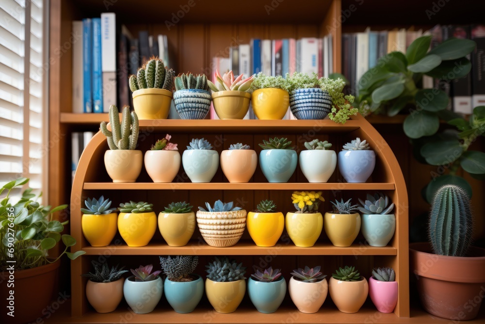 A collection of various potted cacti and succulents displayed on a wooden shelf against a bookshelf background