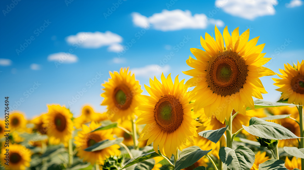 Golden Sunflower Beauty: A close-up view of a blooming sunflower, showcasing the vibrant yellow petals and the natural beauty of this rural farm ., Sunflowers field and blue sky with white clouds. Bea