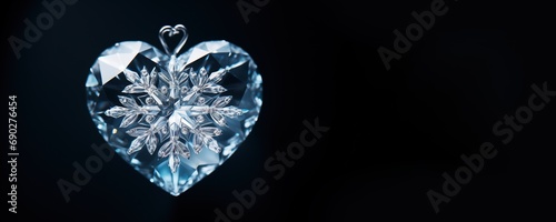 A crystal heart with intricate snowflake design against a dark background, exuding luxury and romance