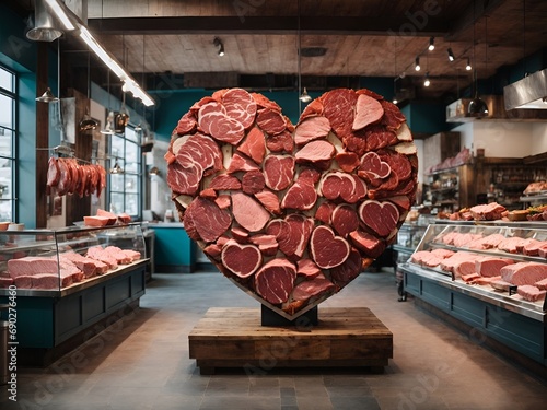 a heart-shaped sculpture made entirely of various cuts of meat, placed in the center of a butcher shop photo