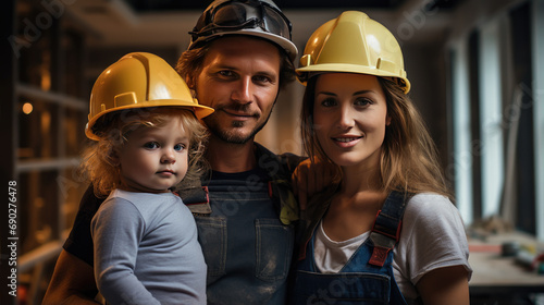 A family in hard hats at a construction site.