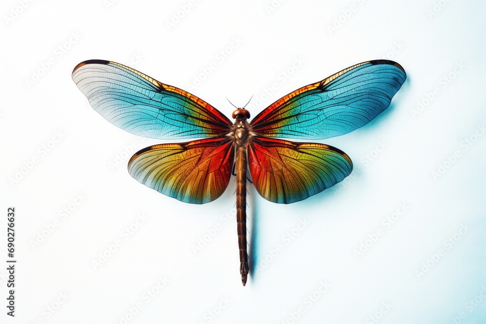 Naklejka premium A vibrant dragonfly with delicate, multicolored wings displayed against a stark white background