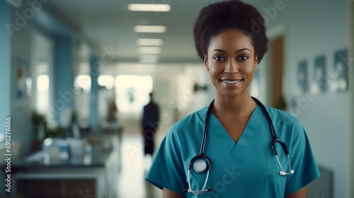 Young nurse wearing medical scrubs, smiling