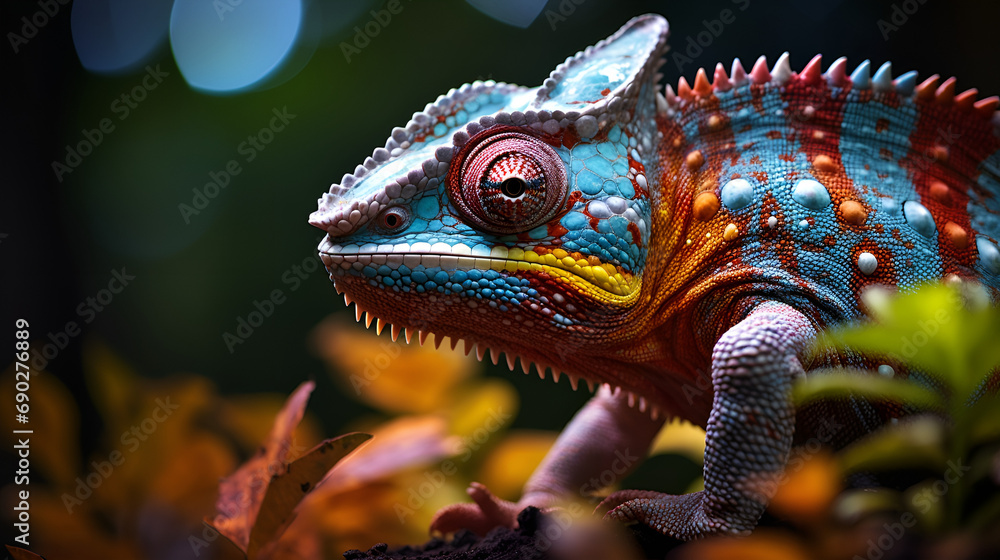 closeup of a colorful chameleon lizard, Closeup of Colorful Chameleon Lizard: Exotic Reptile, Chameleon full-body, framed within the photo, colored, aligned to the right., Exotic Colorful Chameleon


