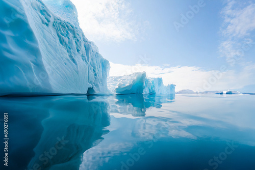The image depicts a massive iceberg in the polar regions, surrounded by icy waters. The iceberg's imposing size and jagged edges are a testament to the raw power. climate change. photo