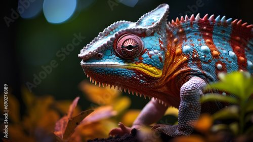 closeup of a colorful chameleon lizard  Closeup of Colorful Chameleon Lizard  Exotic Reptile  Chameleon full-body  framed within the photo  colored  aligned to the right.  Exotic Colorful Chameleon   